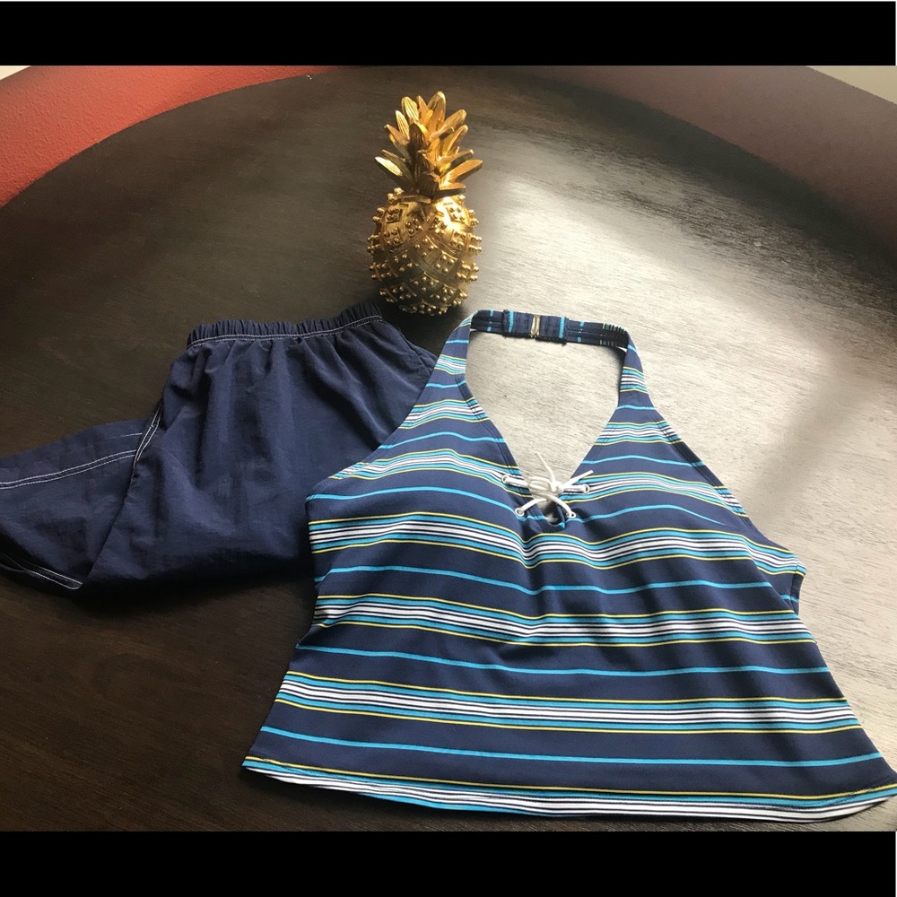 Swimming shorts and matching stripe halter top set